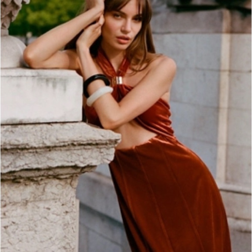 Anthropologie Flat White Velvet Halter Neck Brown Dress